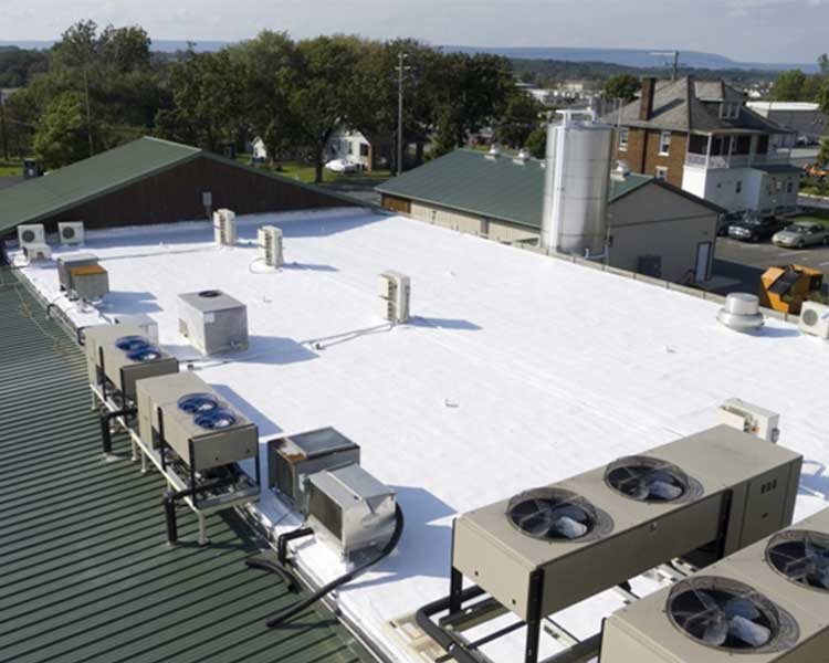HVAC equipment on flat roof.